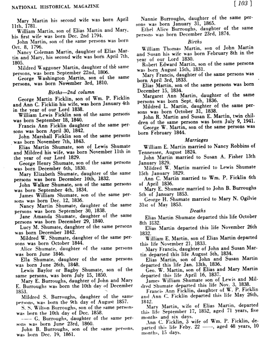 Elias Martin Family Bible, second page